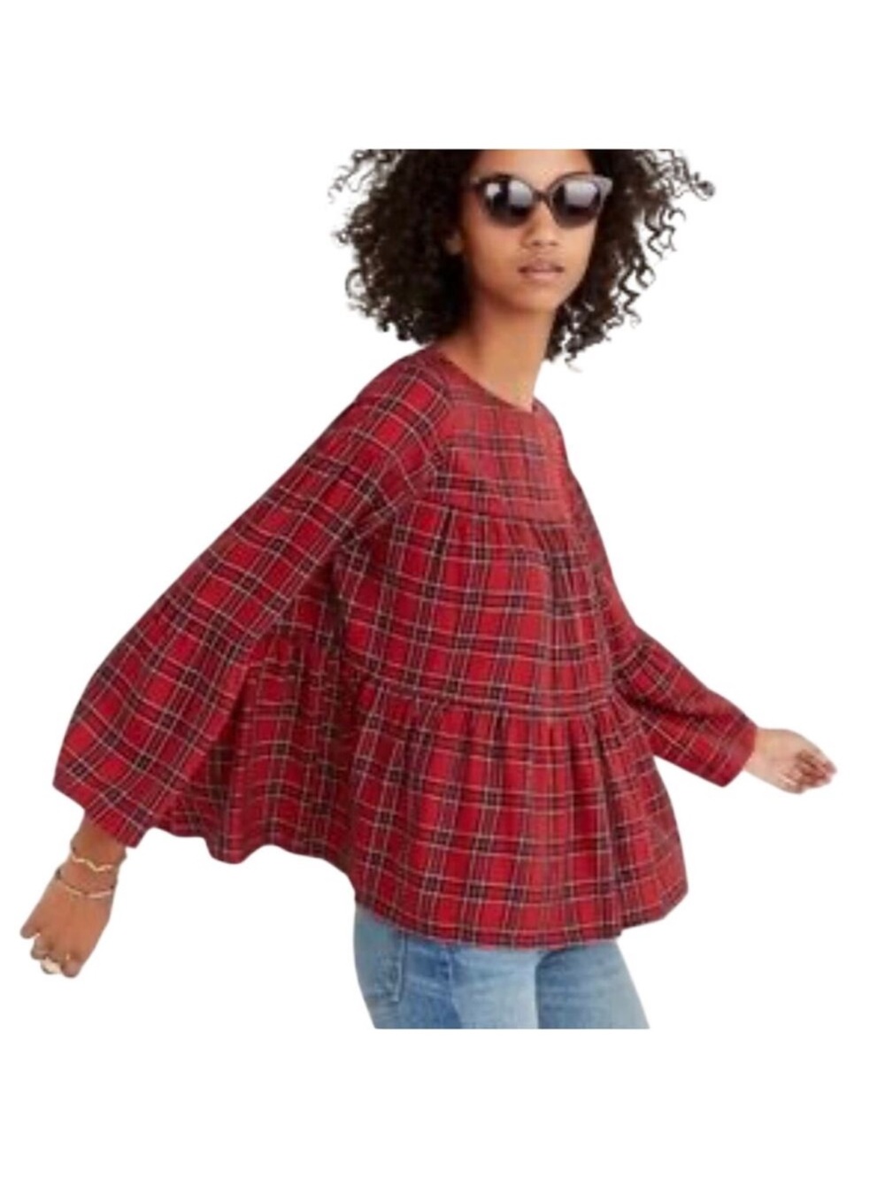 Madewell Plaid Tiered Button-Back Top Small